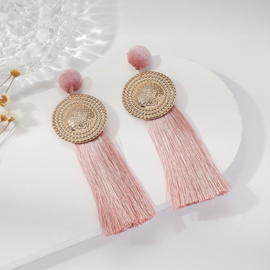 Picture of Polyester Retro Tassel Earrings Pink Round Carved Pattern 10cm, 1 Pair