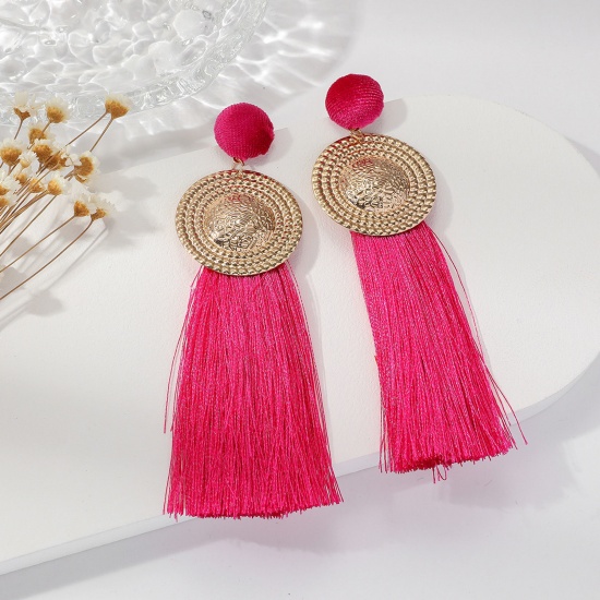 Picture of Polyester Retro Tassel Earrings Fuchsia Round Carved Pattern 10cm, 1 Pair