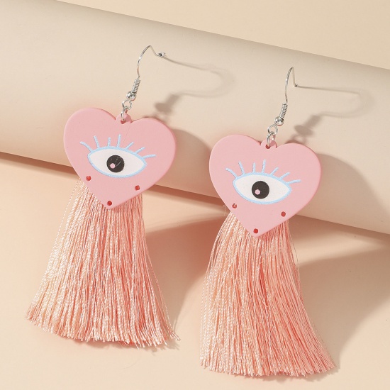 Picture of Polyester Retro Tassel Earrings Pink Heart Eye 10.5cm x 3.5cm, 1 Pair