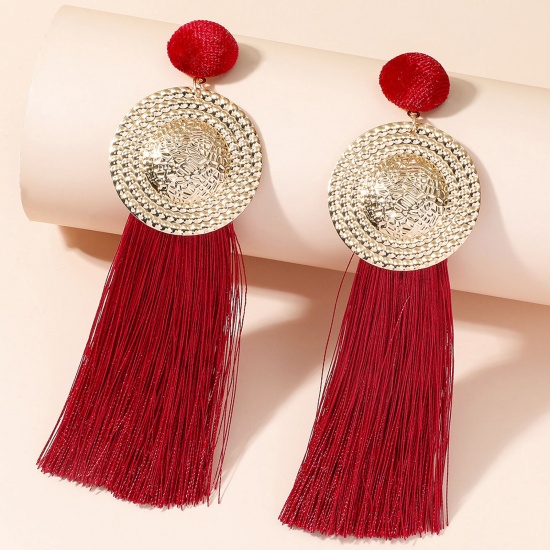 Picture of Polyester Retro Tassel Earrings Red Round Carved Pattern 11cm, 1 Pair