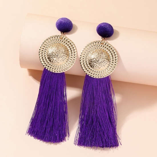 Picture of Polyester Retro Tassel Earrings Purple Round Carved Pattern 11cm, 1 Pair