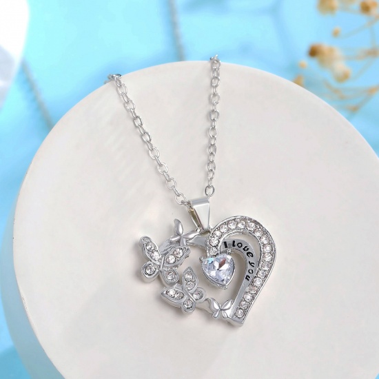Picture of Ins Style Pendant Necklace Silver Tone Heart Butterfly Message " I Love you " Clear Rhinestone 50cm(19 5/8") long, 1 Piece