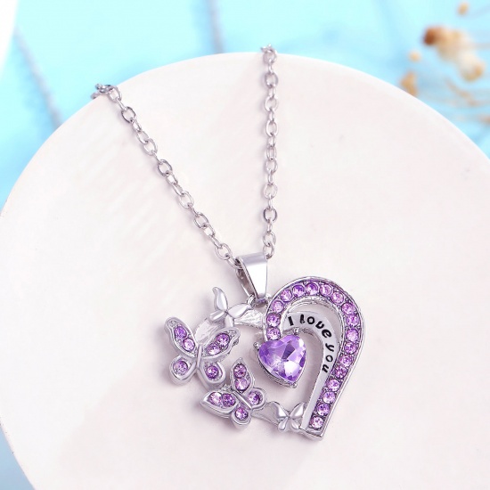 Picture of Ins Style Pendant Necklace Silver Tone Heart Butterfly Message " I Love you " Purple Rhinestone 50cm(19 5/8") long, 1 Piece