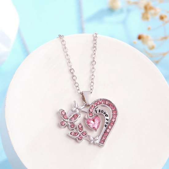 Picture of Ins Style Pendant Necklace Silver Tone Heart Butterfly Message " I Love you " Pink Rhinestone 50cm(19 5/8") long, 1 Piece