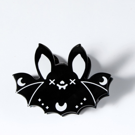 Immagine di Acrilato Carino Fermaglio per Capelli Nero & Bianco Halloween Pipistrello Luna 7.7cm x 5.2cm , 1 Pz