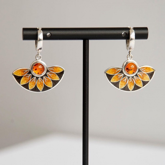 Picture of Retro Earrings Silver Tone Orange Fan-shaped Leaf Imitation Gemstones 3cm, 1 Pair