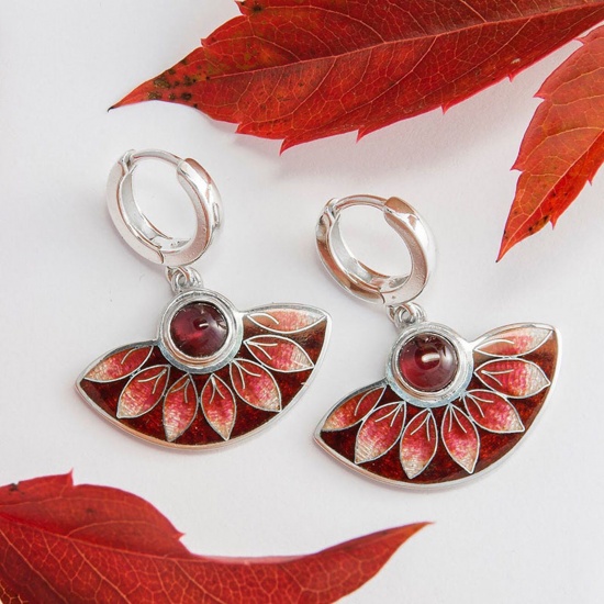 Picture of Retro Earrings Silver Tone Red Fan-shaped Leaf Imitation Gemstones 3cm, 1 Pair