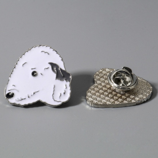 Picture of Zinc Based Alloy Pin Brooches Dog Animal Silver Tone Enamel 24mm x 25mm, 1 Piece