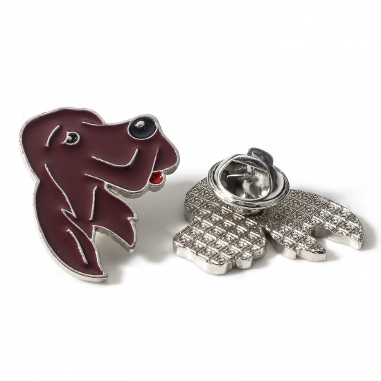 Picture of Zinc Based Alloy Pin Brooches Dog Animal Silver Tone Enamel 24mm x 23mm, 1 Piece