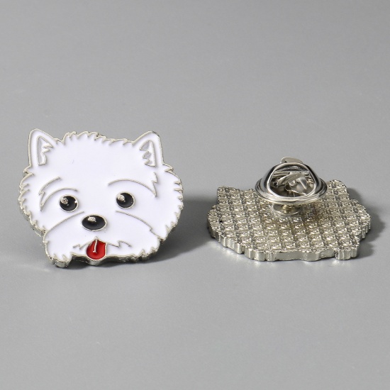 Picture of Zinc Based Alloy Pin Brooches Dog Animal Silver Tone Enamel 25mm x 24mm, 1 Piece