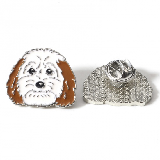 Picture of Zinc Based Alloy Pin Brooches Dog Animal Silver Tone Enamel 25mm x 22mm, 1 Piece