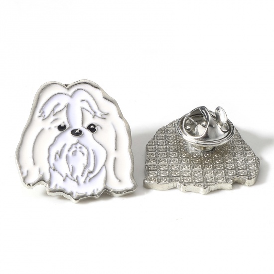 Picture of Zinc Based Alloy Pin Brooches Dog Animal Silver Tone Enamel 25mm x 23mm, 1 Piece