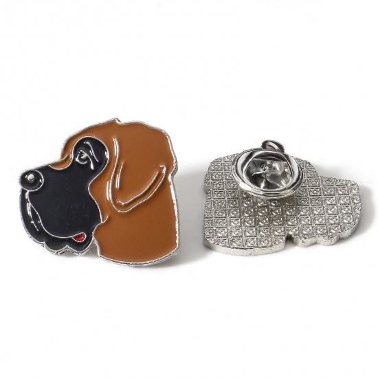 Picture of Zinc Based Alloy Pin Brooches Dog Animal Silver Tone Enamel 24mm x 23mm, 1 Piece