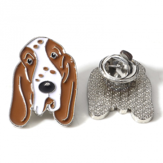Picture of Zinc Based Alloy Pin Brooches Dog Animal Silver Tone Enamel 25mm x 18mm, 1 Piece
