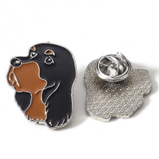 Picture of Zinc Based Alloy Pin Brooches Dog Animal Silver Tone Enamel 26mm x 21mm, 1 Piece