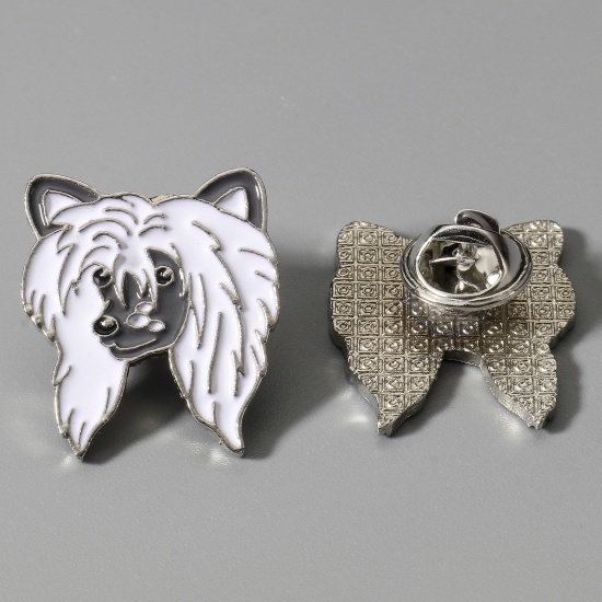 Picture of Zinc Based Alloy Pin Brooches Dog Animal Silver Tone Enamel 24mm x 21mm, 1 Piece