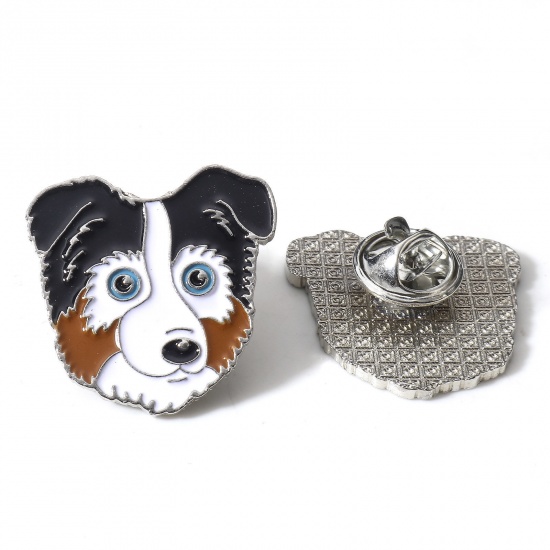 Picture of Zinc Based Alloy Pin Brooches Dog Animal Silver Tone Enamel 25mm x 25mm, 1 Piece