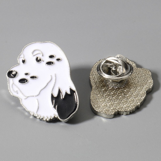 Picture of Zinc Based Alloy Pin Brooches Dog Animal Silver Tone Enamel 27mm x 22mm, 1 Piece