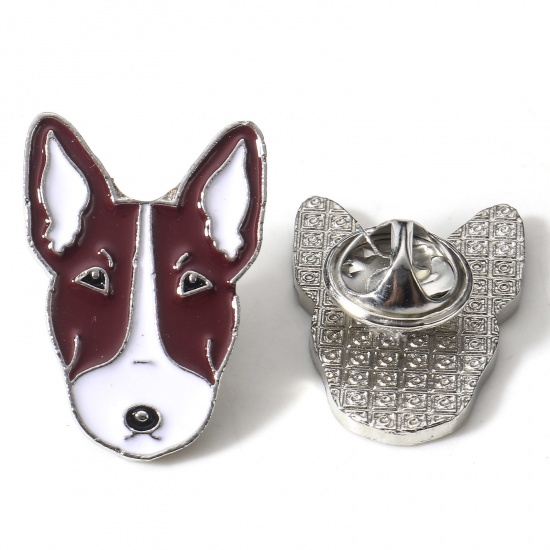 Picture of Zinc Based Alloy Pin Brooches Dog Animal Silver Tone Enamel 26mm x 18mm, 1 Piece