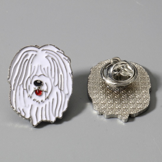 Picture of Zinc Based Alloy Pin Brooches Dog Animal Silver Tone Enamel 26mm x 20mm, 1 Piece