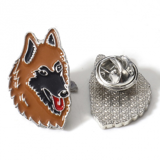 Picture of Zinc Based Alloy Pin Brooches Dog Animal Silver Tone Enamel 26mm x 16mm, 1 Piece