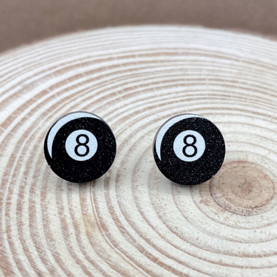 Picture of Wood Cute Ear Post Stud Earrings Black Ball Message " 8 " 1.5cm x 1 Pair