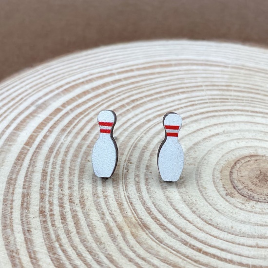 Picture of Wood Cute Ear Post Stud Earrings White Bowling Ball 1.5cm x 1 Pair