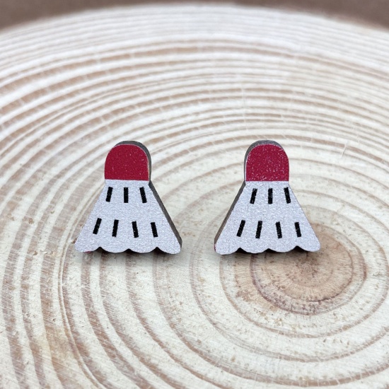 Picture of Wood Cute Ear Post Stud Earrings White Badminton 1.5cm x 1 Pair