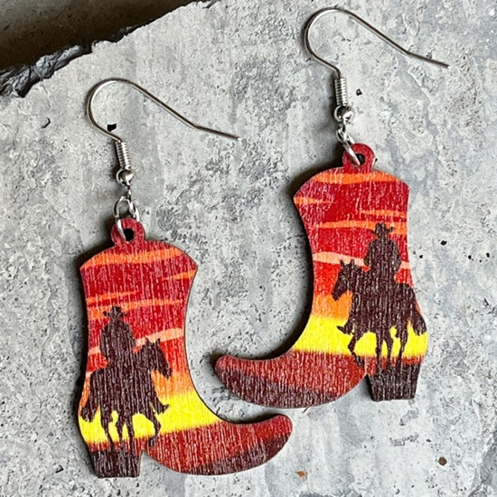 Bild von Holz West-Cowboy Ohrring Silberfarbe Orangerot Stiefel Pferd 6cm, 1 Paar