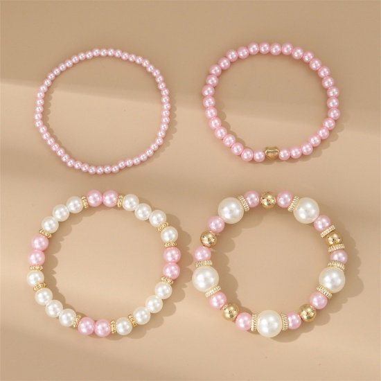 Picture of Acrylic Stylish Bracelet Set Pink Heart Imitation Pearl 15cm-19cm long, 1 Set ( 4 PCs/Set)