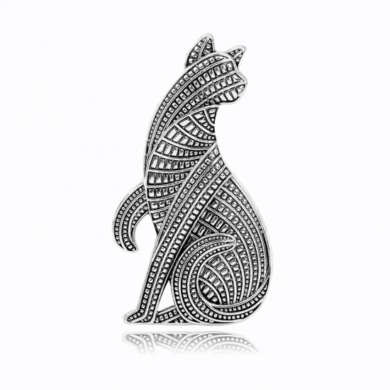 Picture of Retro Pin Brooches Cat Animal Antique Silver Color 6.2cm x 3.3cm, 1 Piece