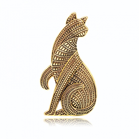 Picture of Retro Pin Brooches Cat Animal Gold Tone Antique Gold 6.2cm x 3.3cm, 1 Piece