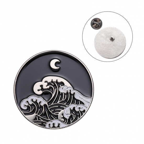 Bild von Japanischer Stil Brosche Rund Meer Silberfarbe Schwarz Emaille 3cm x 3cm, 1 Stück