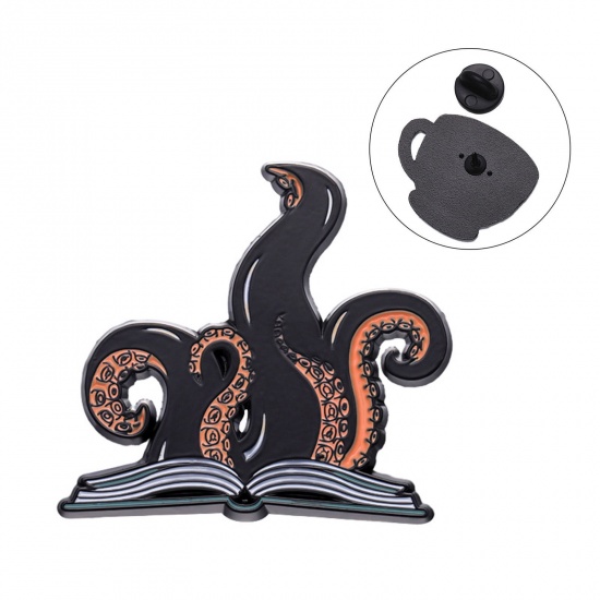 Picture of Punk Pin Brooches Book Halloween Ghost Black & Orange Enamel 3cm x 2.7cm, 1 Piece