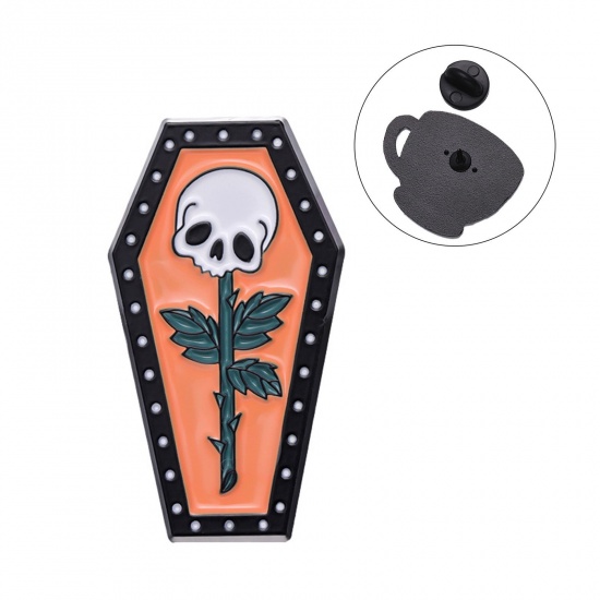 Picture of Punk Pin Brooches Coffin Halloween Skeleton Skull Black & Orange Enamel 3cm x 1.6cm, 1 Piece