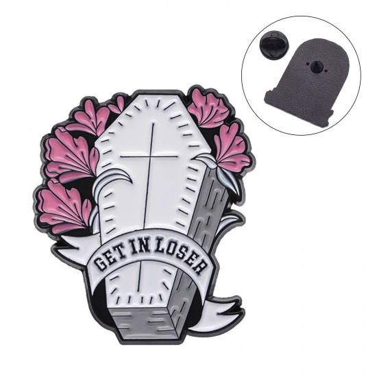 Picture of Punk Pin Brooches Coffin Halloween Tombstone White & Pink Enamel 2.9cm x 2.5cm, 1 Piece