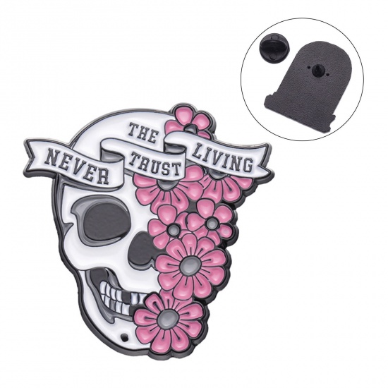 Picture of Halloween Pin Brooches Skull Flower White & Pink Enamel 3cm x 2.9cm, 1 Piece