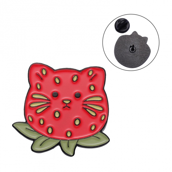 Immagine di Carino Spilla Gatto Fragola Rosso Smalto 2.5cm x 2.4cm, 1 Pz