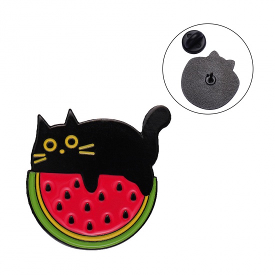 Immagine di Carino Spilla Gatto Frutto Di Anguria Nero & Rosso Smalto 2.5cm x 2.5cm, 1 Pz