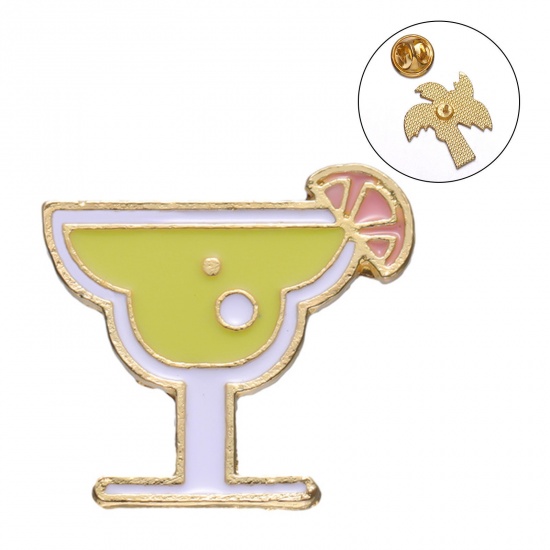 Picture of Beach Pin Brooches Cup Lemon slice Gold Plated Grass Green Enamel 2.2cm x 2cm, 1 Piece