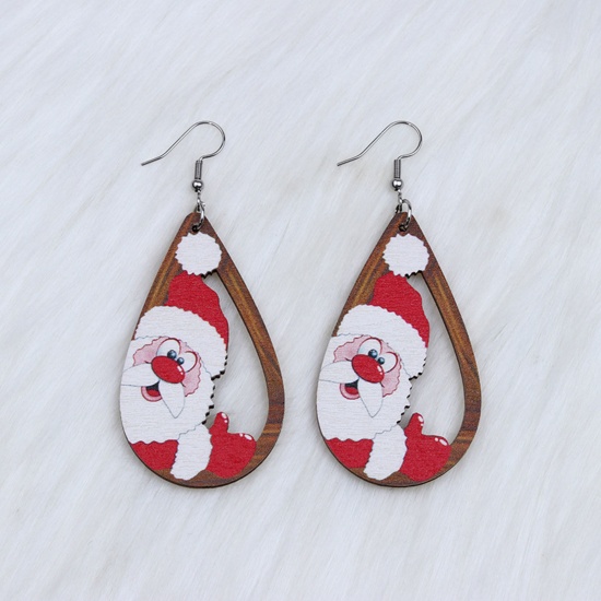 Picture of Natural Wood Simple Earrings Multicolor Drop Christmas Santa Claus Hollow 6.8cm, 1 Pair