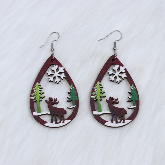 Picture of Natural Wood Simple Earrings Multicolor Drop Christmas Reindeer Hollow 6.8cm, 1 Pair