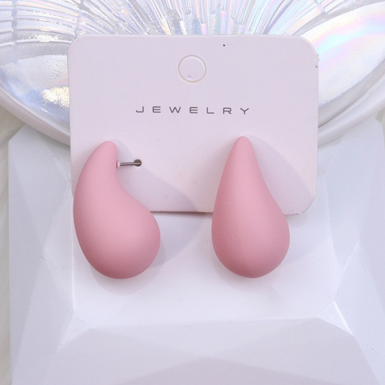 Picture of Acrylic Simple Ear Post Stud Earrings Pink Drop Painted 3cm x 1.9cm, 1 Pair