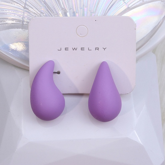 Picture of Acrylic Simple Ear Post Stud Earrings Purple Drop Painted 3cm x 1.9cm, 1 Pair