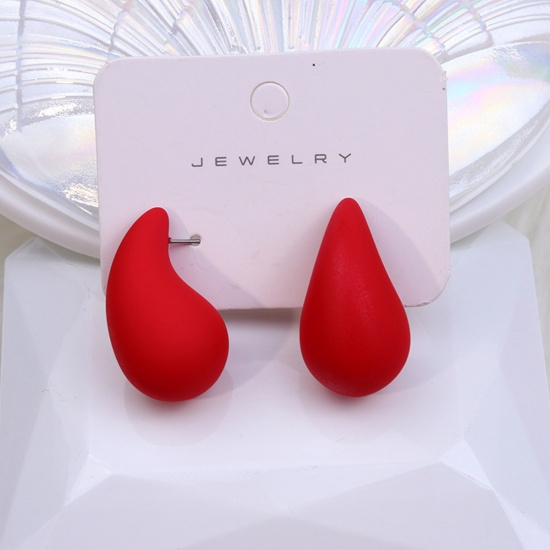Picture of Acrylic Simple Ear Post Stud Earrings Red Drop Painted 3cm x 1.9cm, 1 Pair