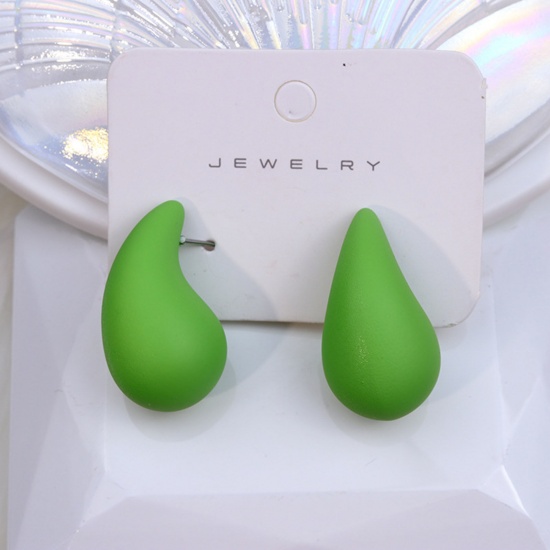 Picture of Acrylic Simple Ear Post Stud Earrings Green Drop Painted 3cm x 1.9cm, 1 Pair