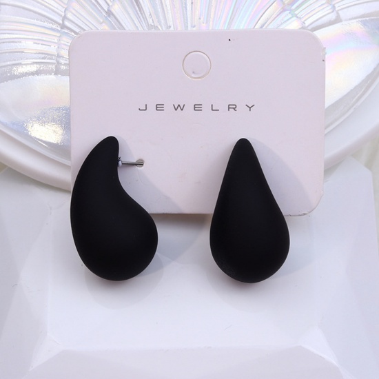 Picture of Acrylic Simple Ear Post Stud Earrings Black Drop Painted 3cm x 1.9cm, 1 Pair