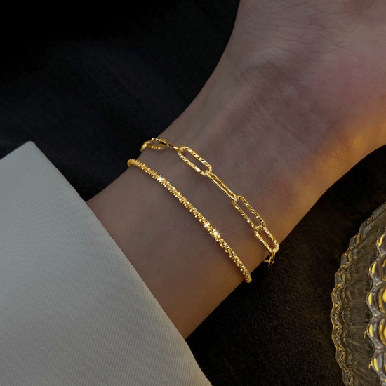 Picture of 1 Set ( 2 PCs/Set) Ins Style Bracelet Set Gold Plated Link Chain Glitter 18cm(7 1/8") long