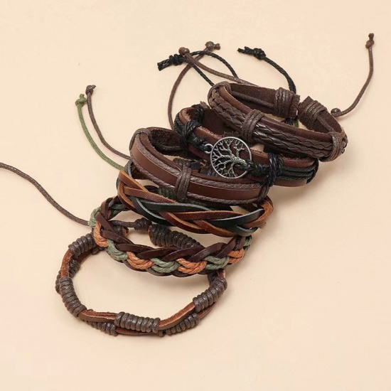 Picture of 1 Set ( 6 PCs/Set) PU Leather Retro Braided Bracelets Multicolor Tree Of Life 18cm(7 1/8") long