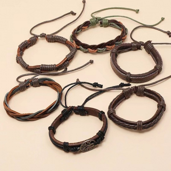 Picture of 1 Set ( 6 PCs/Set) PU Leather Retro Braided Bracelets Multicolor Tree Of Life 18cm(7 1/8") long